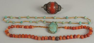 AN EGYPTIAN SCARAB NECKLACE -possibly ancient, together with an agate beaded necklace, and a large