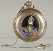 A QAJAR POCKET WATCH WITH PORTRAIT OF NASIR ELDEEN SHAH, 5cm diameter.