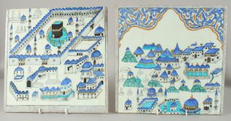 A TWO-PIECE OTTOMAN TURKISH IZNIK POTTERY TILE DEPICTING MECCA, each tile 30cm square, (2).