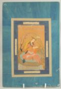 AN 18TH-19TH CENTURY PERSIAN MINIATURE PAINTING of a seated lady, unframed, 29.5cm x 20cm.
