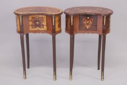 TWO LOUIS XVITH DESIGN INLAID KIDNEY SHAPE BEDROOM TABLES. 1ft 9ins wide, 2ft 6ins high.