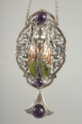 A SILVER AMETHYST SCARAB NECKLACE.
