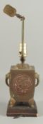 A CHINESE BRONZE CENSER LAMP on a square base. 7.5ins high.