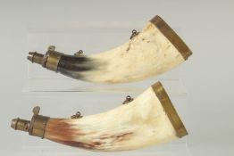 TWO BRASS MOUNTED HORN POWDER FLASKS. 9ins long.