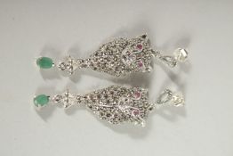 A PAIR OF RUBY, EMERALD AND MARCASITE PANTHER DROP EARRINGS.