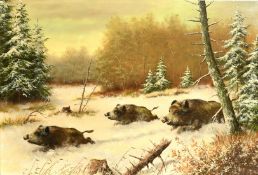 KARL-HANS BOESE (b. 1919), Wild boar running through snow at dusk, oil on canvas. Signed, 23.5
