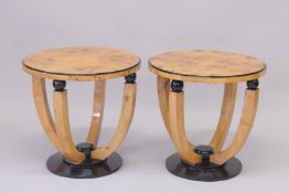 A PAIR OF ROUND ART DECO STYLE TABLES. 1ft 11ins diameter, 1t 11ins high.