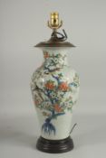 A CHINESE CRACKLE GLAZE LAMP VASE with birds 22ins high.