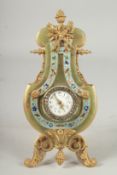A SUPERB 19TH CENTURY FRENCH ONYX, ORMOLU AND CHAMPLEVE ENAMEL LYRE EASEL CLOCK, with pineapple