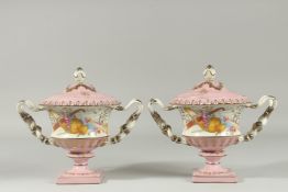 A PAIR OF PINK SEVRES DESIGN CIRCULAR TWO HANDLED CACHE POTS AND COVERS. 8ins high.