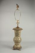 A GOOD GREEN PORCELAIN LAMP VASE on a bronze stand. Vase: 16ins.