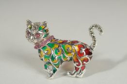 A SILVER PLIQUE A JOUR RUBY COLLAR CAT BROOCH.