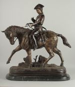 LARGE BRONZE AFTER P. J. MENE. HUNTSMAN ON A HORSE with marble base. 24ins high overall.