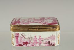 A GOOD 18TH CENTURY PORCELAIN BOX AND COVER, probably Dutch painted with buildings, figures and