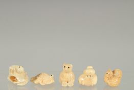 FIVE SMALL BONE NETSUKES.