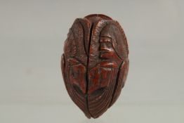 AN UNUSUAL PICTORIAL CARVED SNUFF BOX, possibly carved from a nut, depicting three figures. 2.2ins