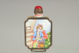 A CANTON ENAMEL SNUFF BOTTLE AND STOPPER. 2.5ins.