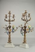 A VERY GOOD PAIR OF SEVRES DESIGN GILT CANDLESTICKS with porcelain birds and flowers on white bases.