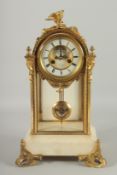 A GOOD 19TH CENTURY FRENCH WHITE MARBLE AND ORMOLU CLOCK BY POTONIE LEON, PARIS, striking on a