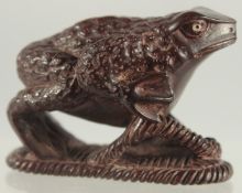 A CARVED WOOD FROG. 2.5ins long. Signed.