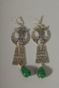 A PAIR OF SILVER AND JADE ART DECO STYLE, DROP EARRINGS.