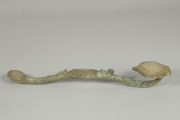 AN OLD JADE AND ARCHAIC BRONZE SCEPTRE. 12ins long.