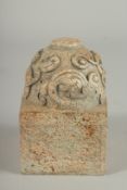 A LARGE CARVED CHINESE HARDWOOD SQUARE SEAL