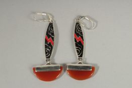 A PAIR OF SILVER GREEN JADE AND PASTE EARRINGS.