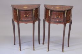 A PAIR OF LOUIS XVITH DESIGN HALF MOON INLAID CABINETS. 2ft 4ins high, 1ft 6ins wide.