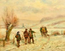 ADOLF RHEIERT(1879-1958) GERMAN A shooting party in a snowy landscape on the edge of a village,
