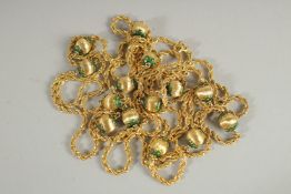 A SUPERB RUSSIAN 18CT GOLD LONG NECKLACE set with fourteen gold and enamel balls. 80ins long.