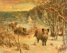 WILHELM (WILLI) LORENZ (1901-1981) GERMAN A herd of wild boar walking through a snow-covered forest,