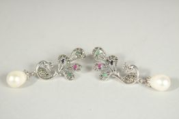 A PAIR OF SILVER, RUBY EMERALD, SAPPHIRE AND PEARL EARRINGS.