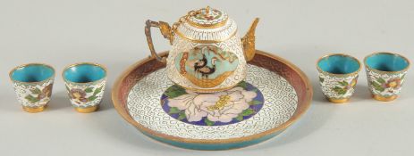 A MINIATURE CLOISONNE ENAMEL TEA SET on a tray. 4.5ins diameter