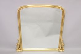 A LARGE GILTWOOD OVERMANTLE MIRROR. 4ft 5ins high, 4ft 7ins wide.