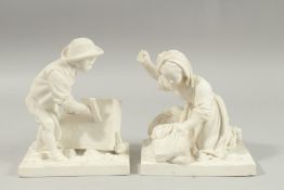SEVRES BISCUIT PORCELAIN FIGURES OF LE TAILLEUR de PIERRES and LA BLANCHISSEUSE. Late 19th