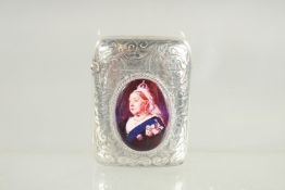 A VICTORIAN ENGRAVED SILVER VESTA with an oval enamel of Queen Victoria. Birmingham, 1892.