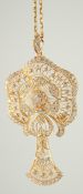 A SUPERB 18CT GOLD FILEGREE DIAMOND SET PENDANT AND CHAIN.
