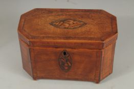 A GEORGE III MAHOGANY SHELL INLAID TEA CADDY 9ins long.