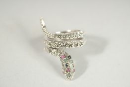 A SILVER RUBY, SAP;HIRE AND EMERALD SNAKE RING.