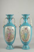 A PAIR OF SEVRES DESIGN LIGHT BLUE TWO HANDLED VASES with oval classical scenes. 18ins high.