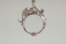 AN ART DECO DESIGN SILVER AND RUBY SET PANETHER LOUPE AND CHAIN.