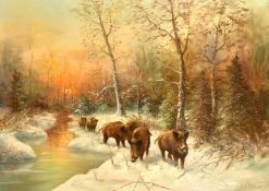 W. VON KAMP (20Century) German School Wild boar gathered along the edge of a stream in a snowy