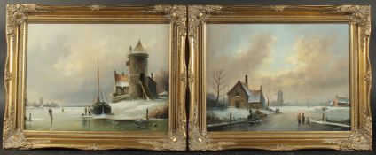 Mike Jeffries (20th Century), a pair of oil on board Dutch scenes of figures on a frozen waterway,
