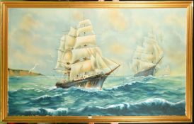 Vanuzzi, 20th Century, sailboats in heavy seas off a headland, oil on canvas, laid down, signed, 47