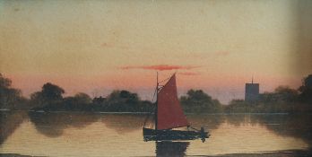 English School, A pair of river scenes with a sailing boat and sunset beyond, watercolours both