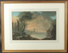 R. Payne, An arcadian landscape with figures looking down onto a bay with a docked sailing boat,