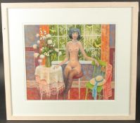 Richard Slater, 'Contemplation', a nude lady seated next to a table by a window, watercolour,