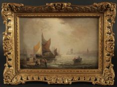 William Thornley (19th Century), figures in a rowing boat with vessels in a harbour, oil on