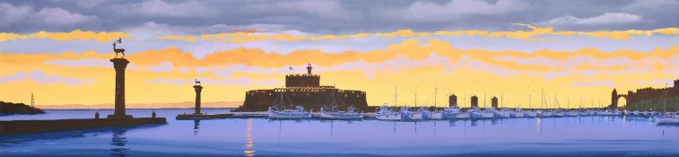 Greek School (20th/ 21st Century), The harbour, Rhodes at sunset, oil on canvas, signed, 7.75